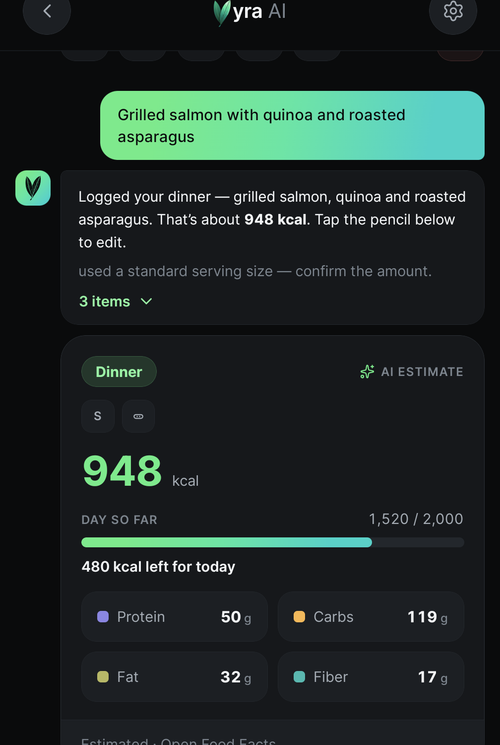 Vyra splitting a logged meal into a macro breakdown.