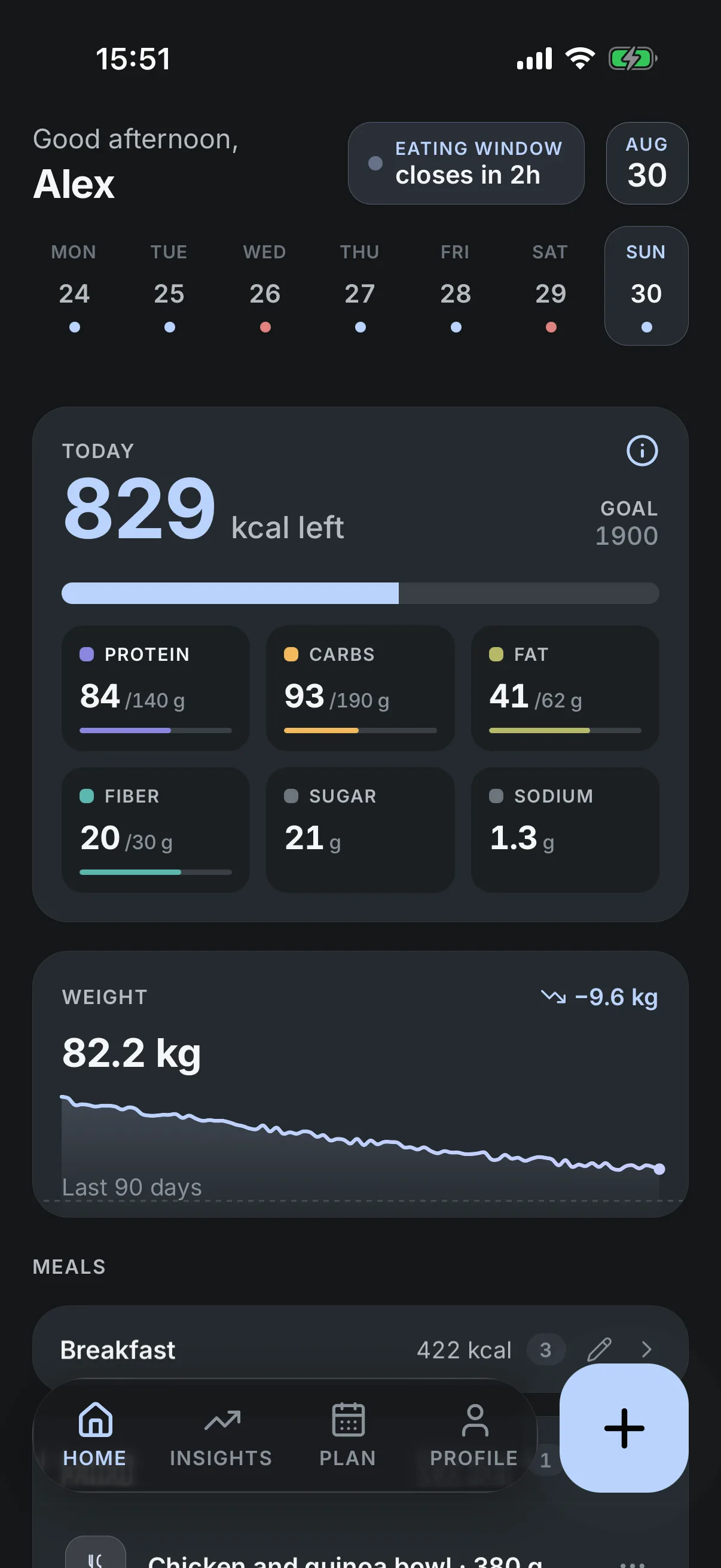 The Vyra home screen: a periwinkle progress bar reading 829 kcal left against a goal of 1,900; protein 84 of 140 g, carbs 93 of 190 g, fat 41 of 62 g, fiber 20 of 30 g, sugar 21 g and sodium 1.3 g; and a weight card reading 82.2 kg, down 9.6 kg over ninety days.