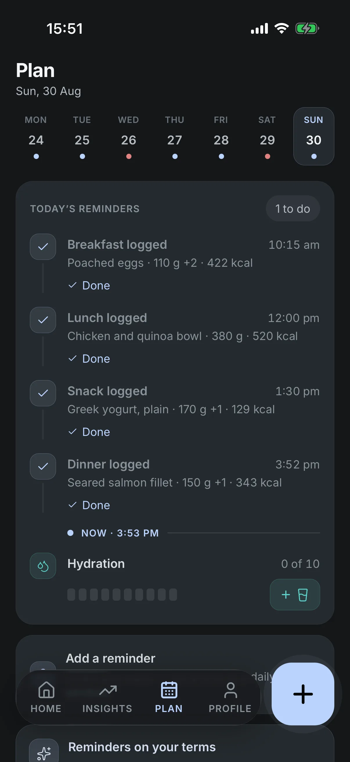 Vyra Plan: today&rsquo;s reminders on a timeline (breakfast, lunch, a snack and dinner each logged and marked done, with a NOW marker beneath them), then hydration at 0 of 10 glasses, and a card offering to add a reminder.